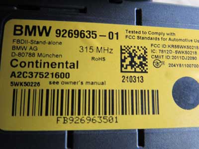 BMW Keyless Entry Remote Control Receiver Module Continental FBD II 315 MHz 61319269635 F22 F30 F12 F255
